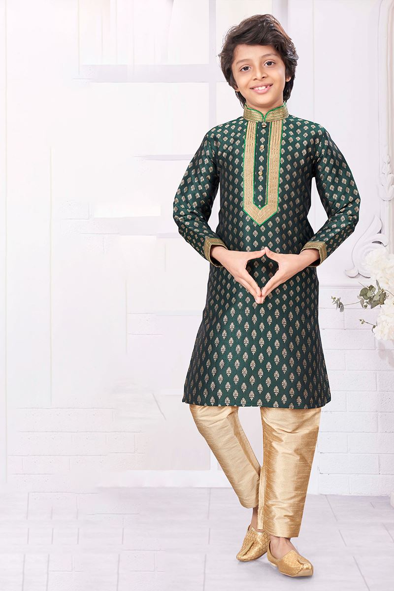 Awesome Green Colored Designer Kid’s Kurta Pajama Set for Festivals, Weddings, Reception, and Party