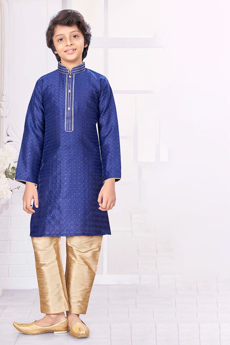 Impressive Navy Blue Colored Designer Kid’s Kurta Pajama Set for Festivals and Party