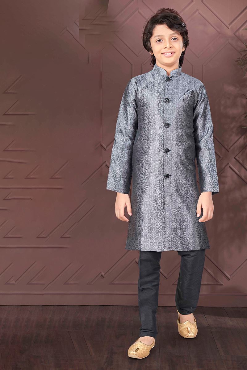 Charismatic Grey Colored Designer Kid’s Kurta Pajama Set for Festivals and Party