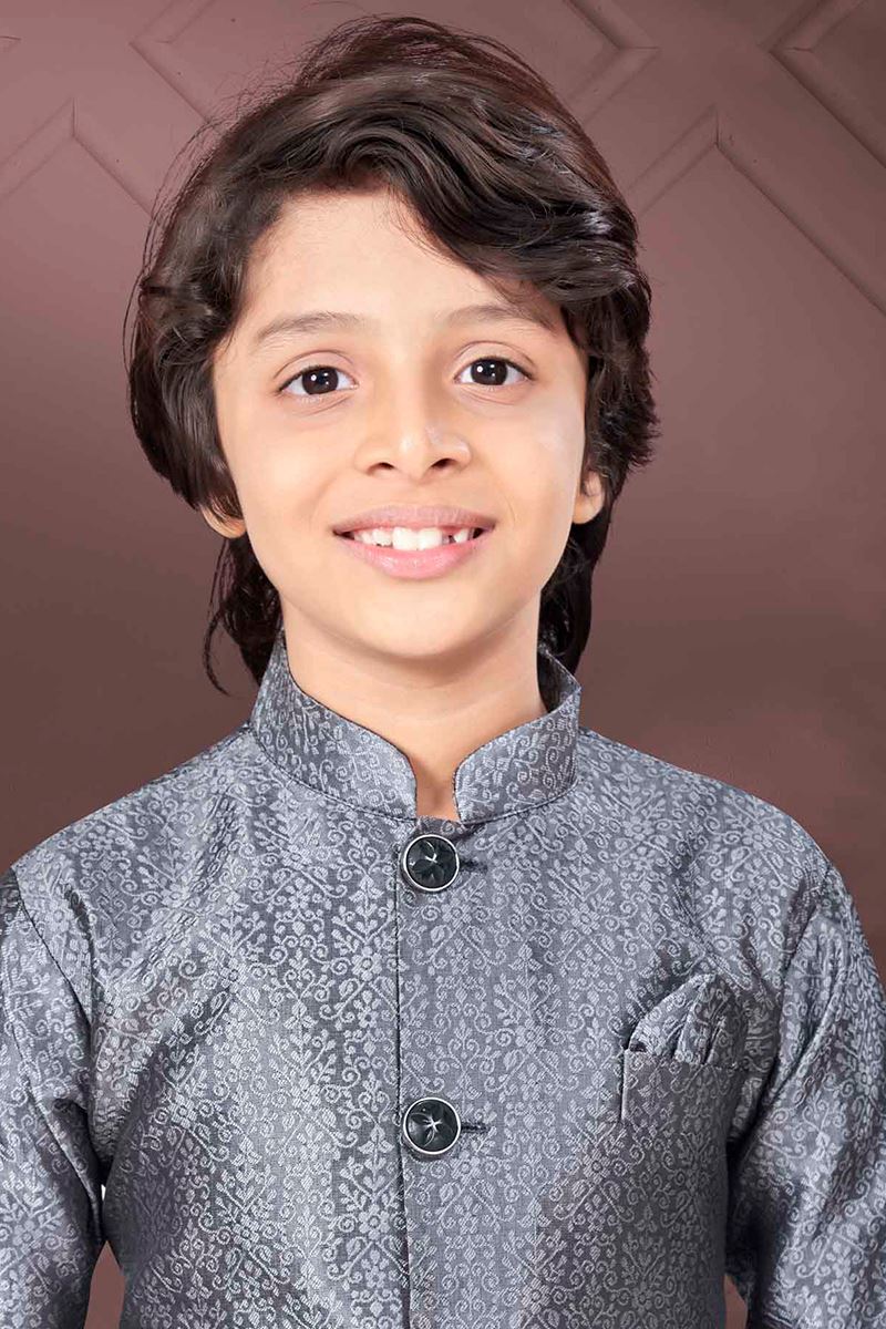 Charismatic Grey Colored Designer Kid’s Kurta Pajama Set for Festivals and Party