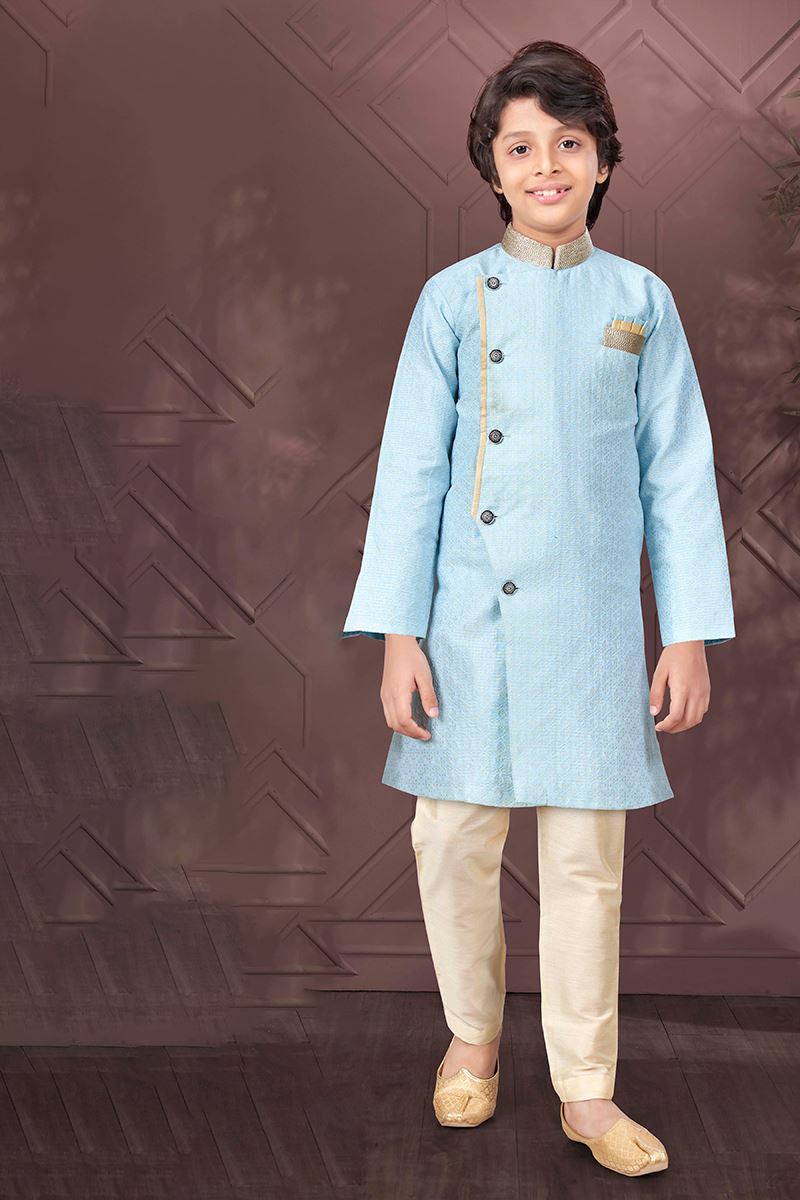 Delightful Sky Blue Colored Designer Kid’s Kurta Pajama Set for Festivals, Engagements, Reception, and Party