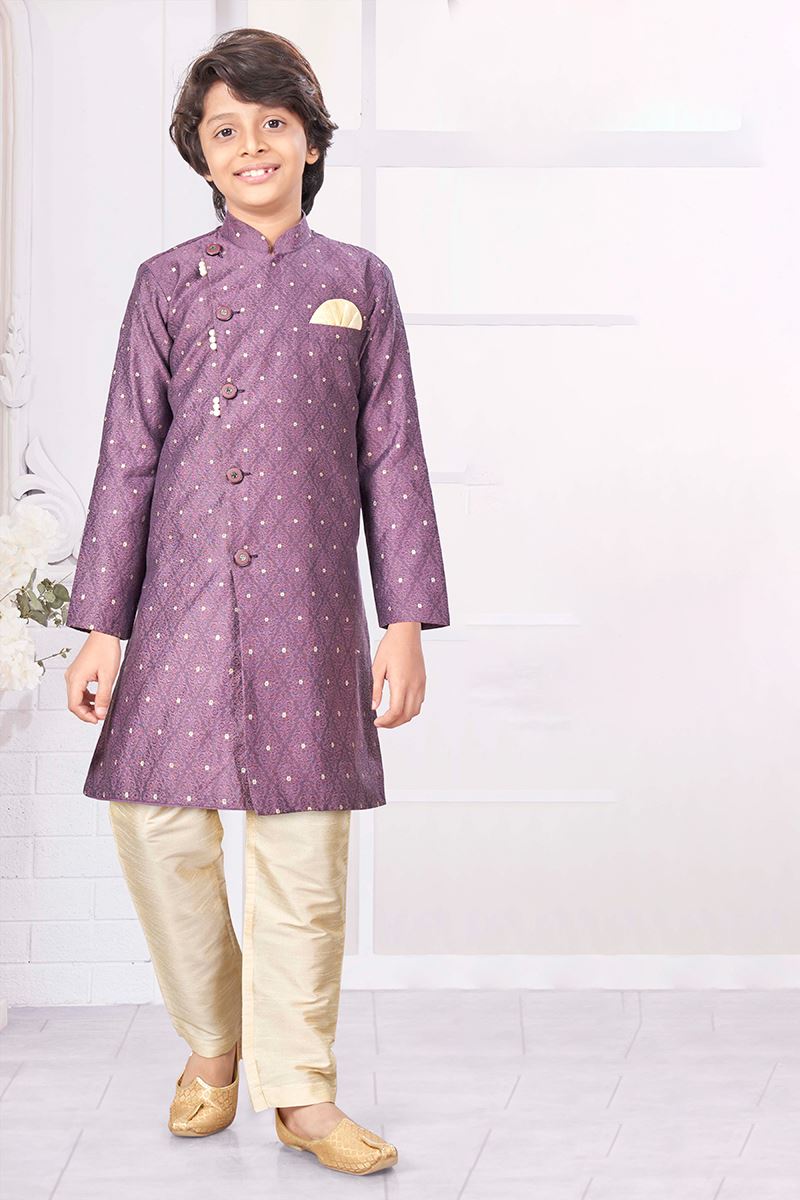 Enticing Wine Colored Designer Kid’s Kurta Pajama Set for Festivals, Engagements, Reception, and Party