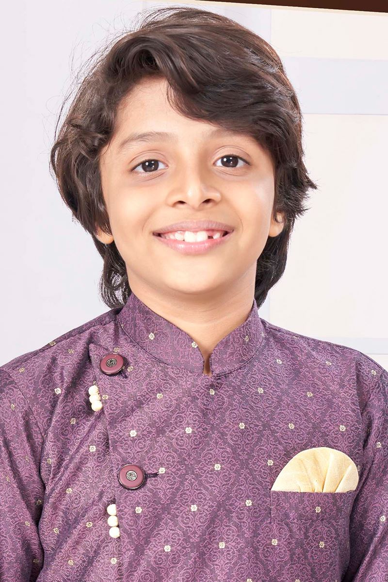 Enticing Wine Colored Designer Kid’s Kurta Pajama Set for Festivals, Engagements, Reception, and Party