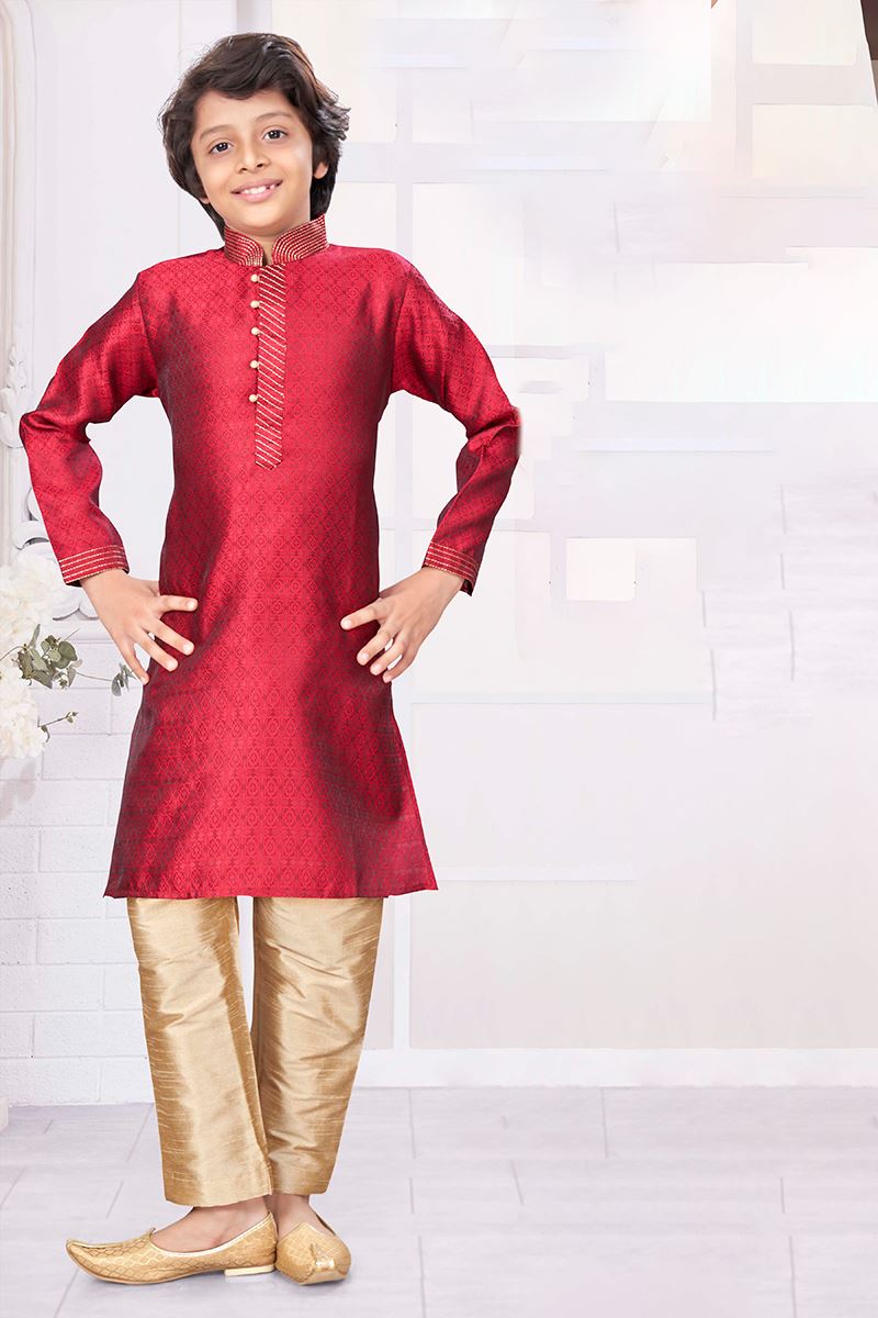Enticing Maroon Colored Designer Kid’s Kurta Pajama Set for Festivals, Weddings, and Party