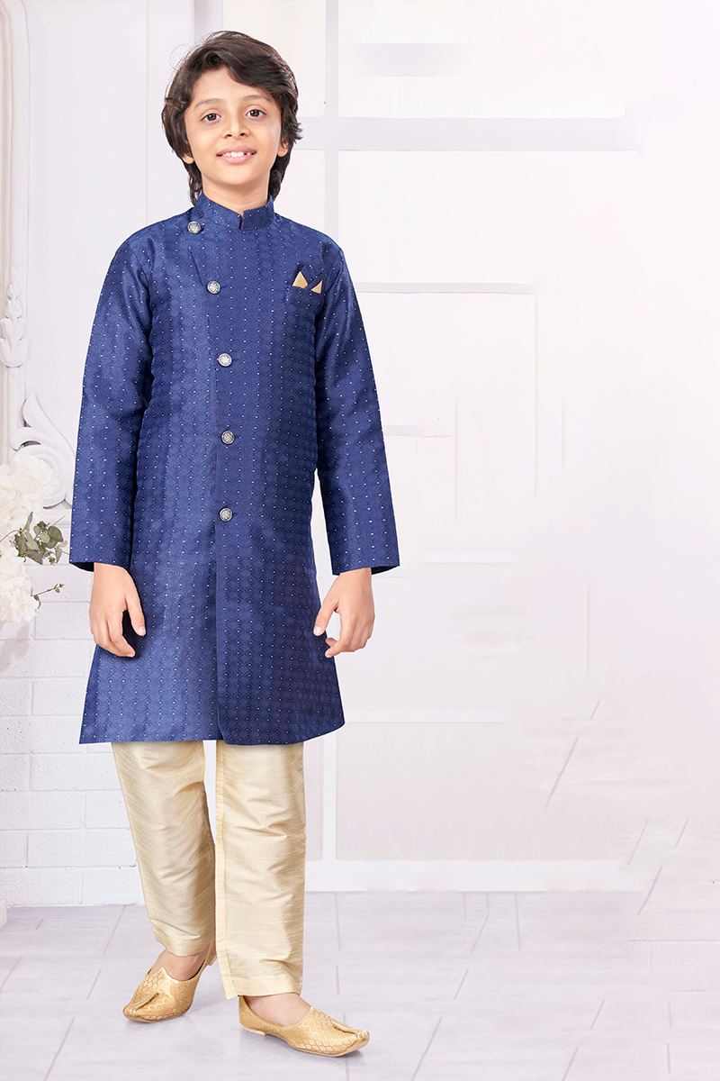 Charming Navy Blue Colored Designer Kid’s Kurta Pajama Set for Festivals, Weddings, and Party