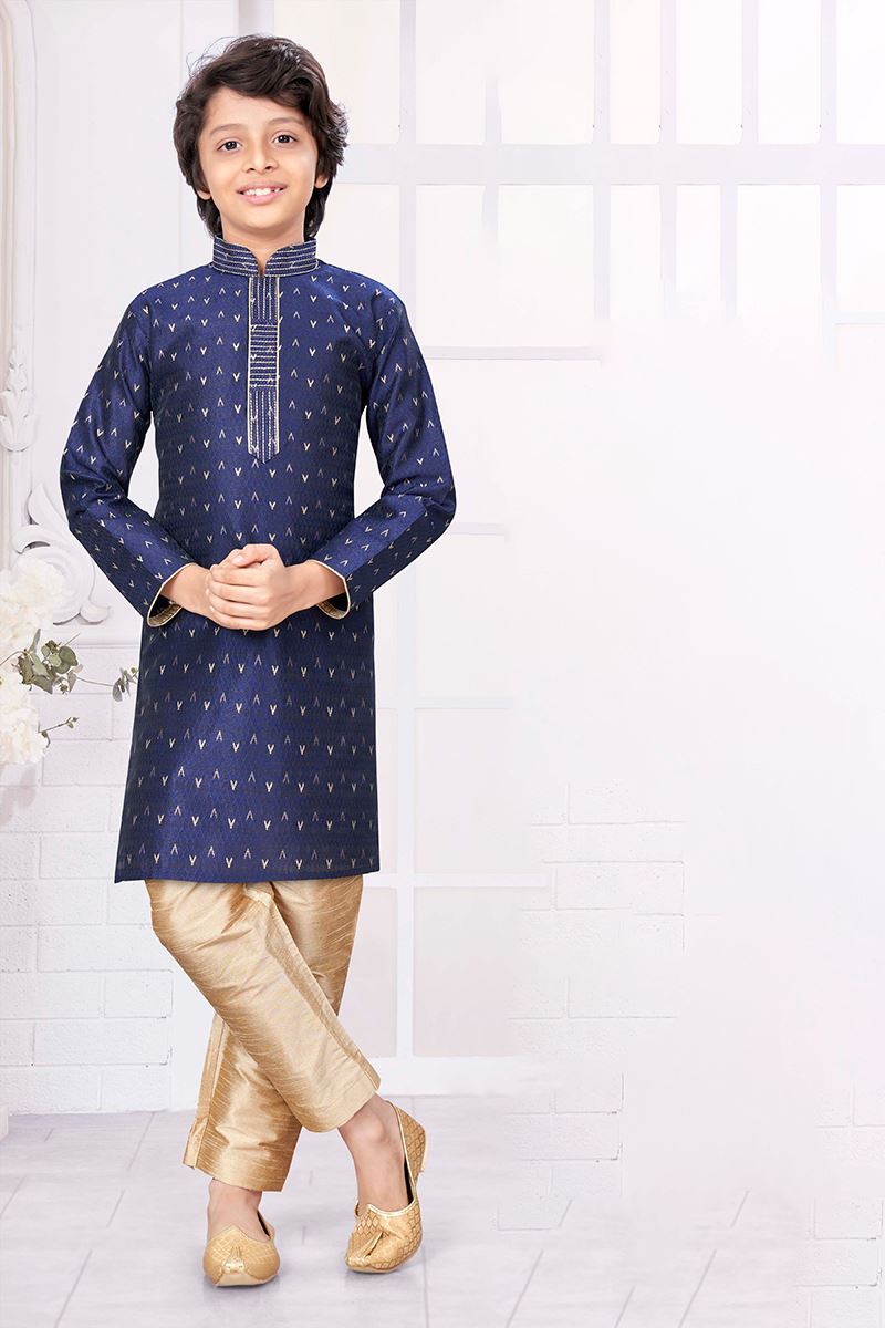 Exquisite Navy Blue Colored Designer Kid’s Kurta Pajama Set for Festivals, Weddings, and Party