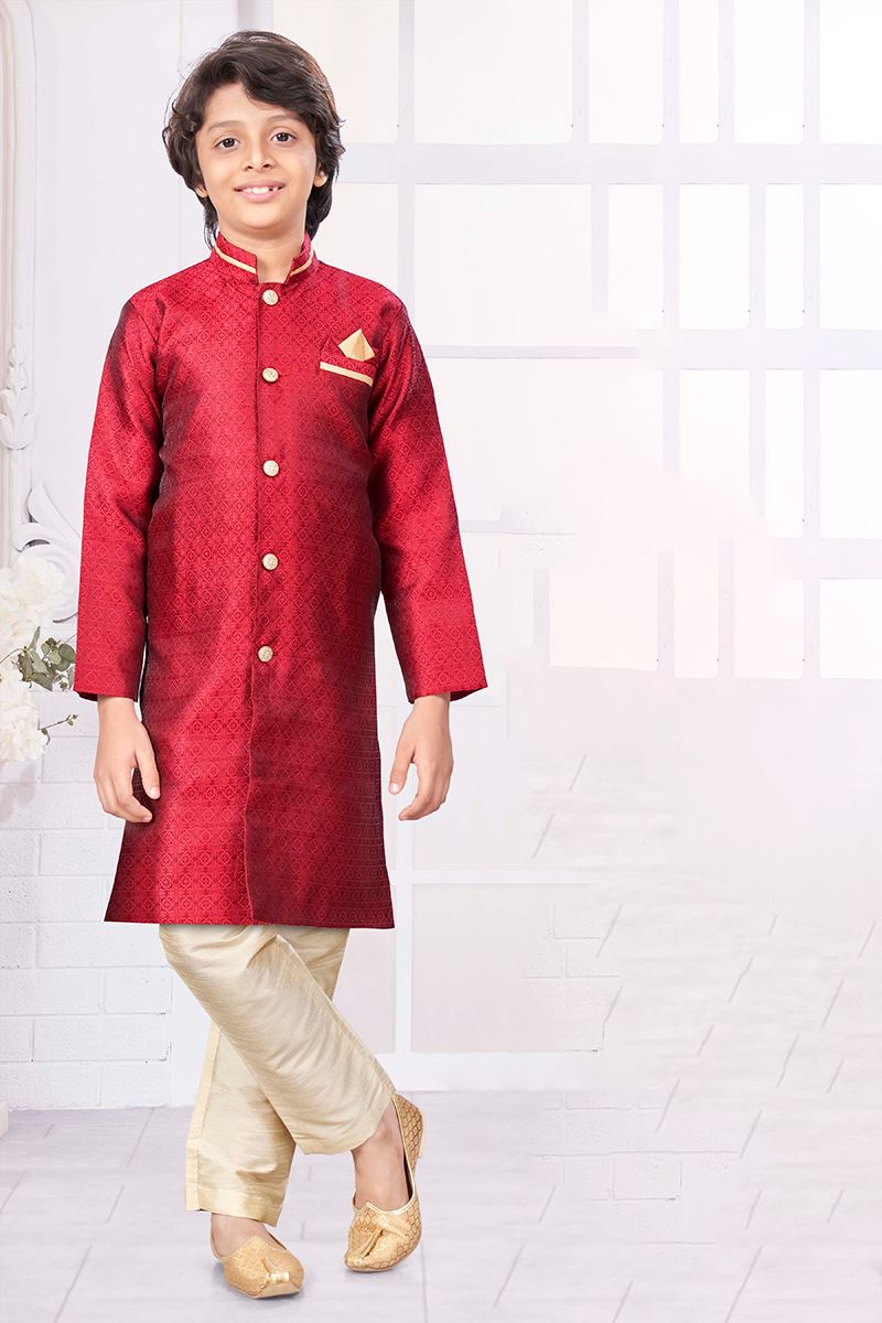 Attractive Maroon Colored Designer Kid’s Kurta Pajama Set for Festivals, Weddings, and Party