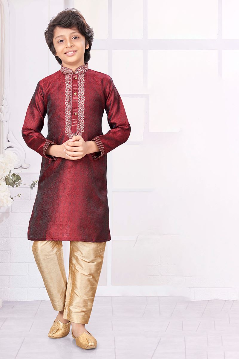 Exuberant Maroon Colored Designer Kid’s Kurta Pajama Set for Festivals, Weddings, Reception, and Party