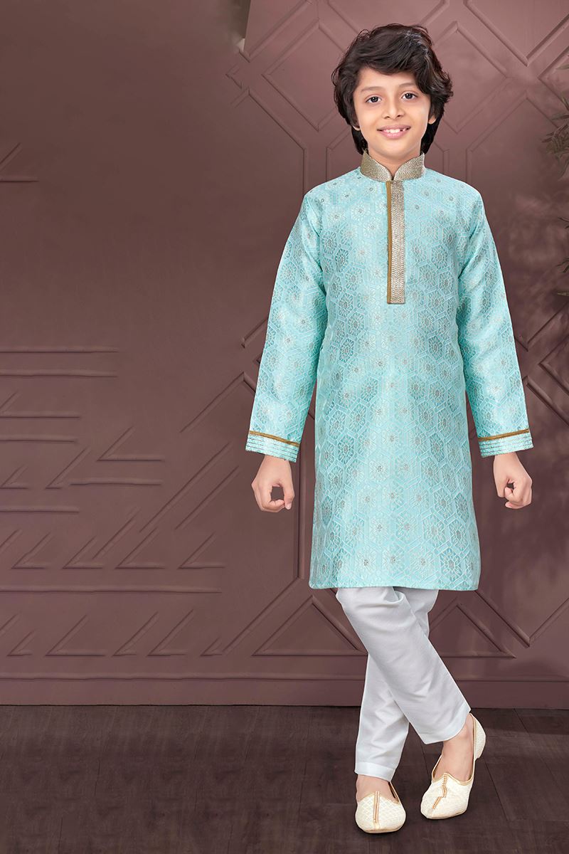Classy Light Firozi Colored Designer Kid’s Kurta Pajama Set for Festivals, Engagement, Reception, and Party