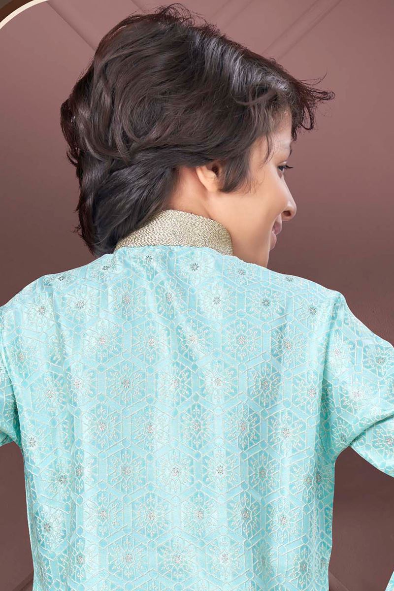 Classy Light Firozi Colored Designer Kid’s Kurta Pajama Set for Festivals, Engagement, Reception, and Party