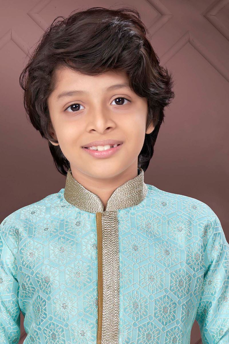 Classy Light Firozi Colored Designer Kid’s Kurta Pajama Set for Festivals, Engagement, Reception, and Party