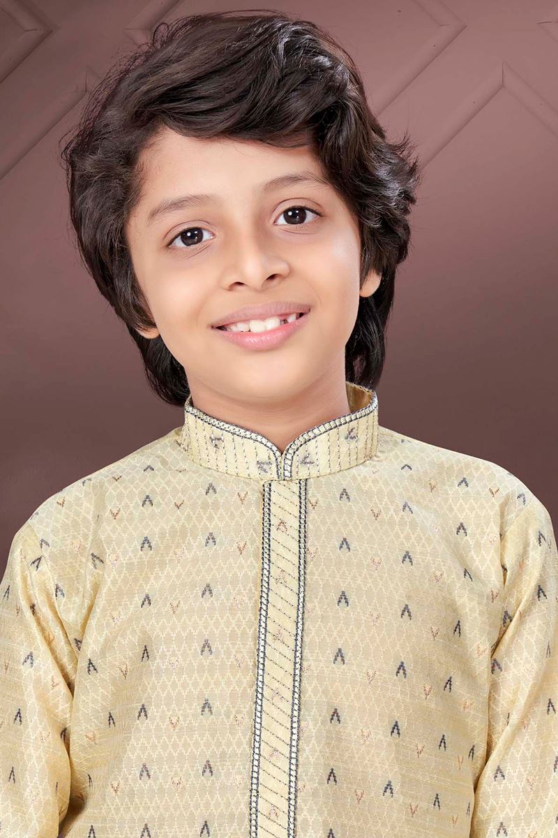 Appealing Gold Colored Designer Kid’s Kurta Pajama Set for Festivals, Engagements, Reception, and Party