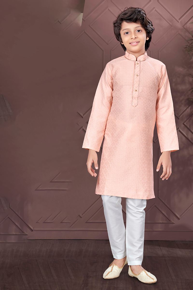 Fashionable Peach Colored Designer Kid’s Kurta Pajama Set for Festivals, Engagements, Reception, and Party