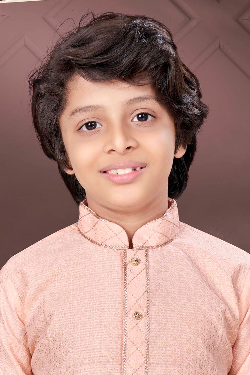 Fashionable Peach Colored Designer Kid’s Kurta Pajama Set for Festivals, Engagements, Reception, and Party