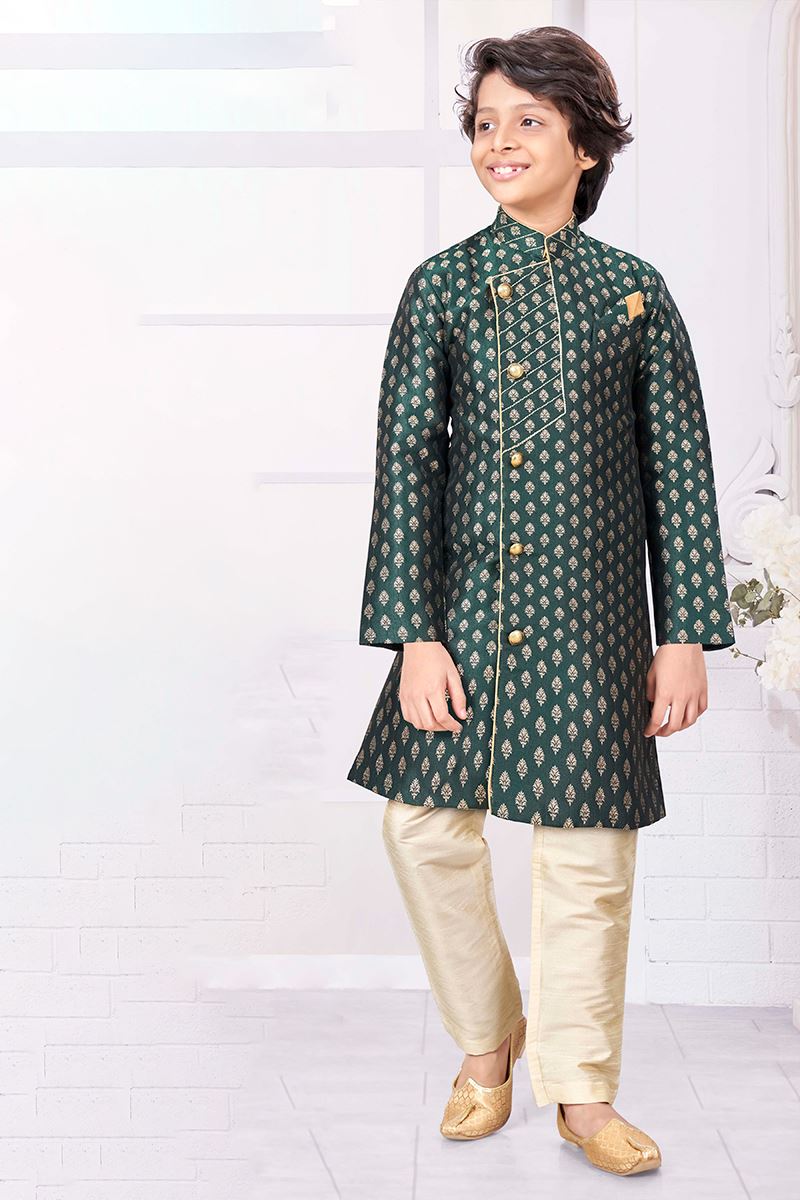 Fancy Green Colored Designer Kid’s Kurta Pajama Set for Festivals, Weddings, and Party