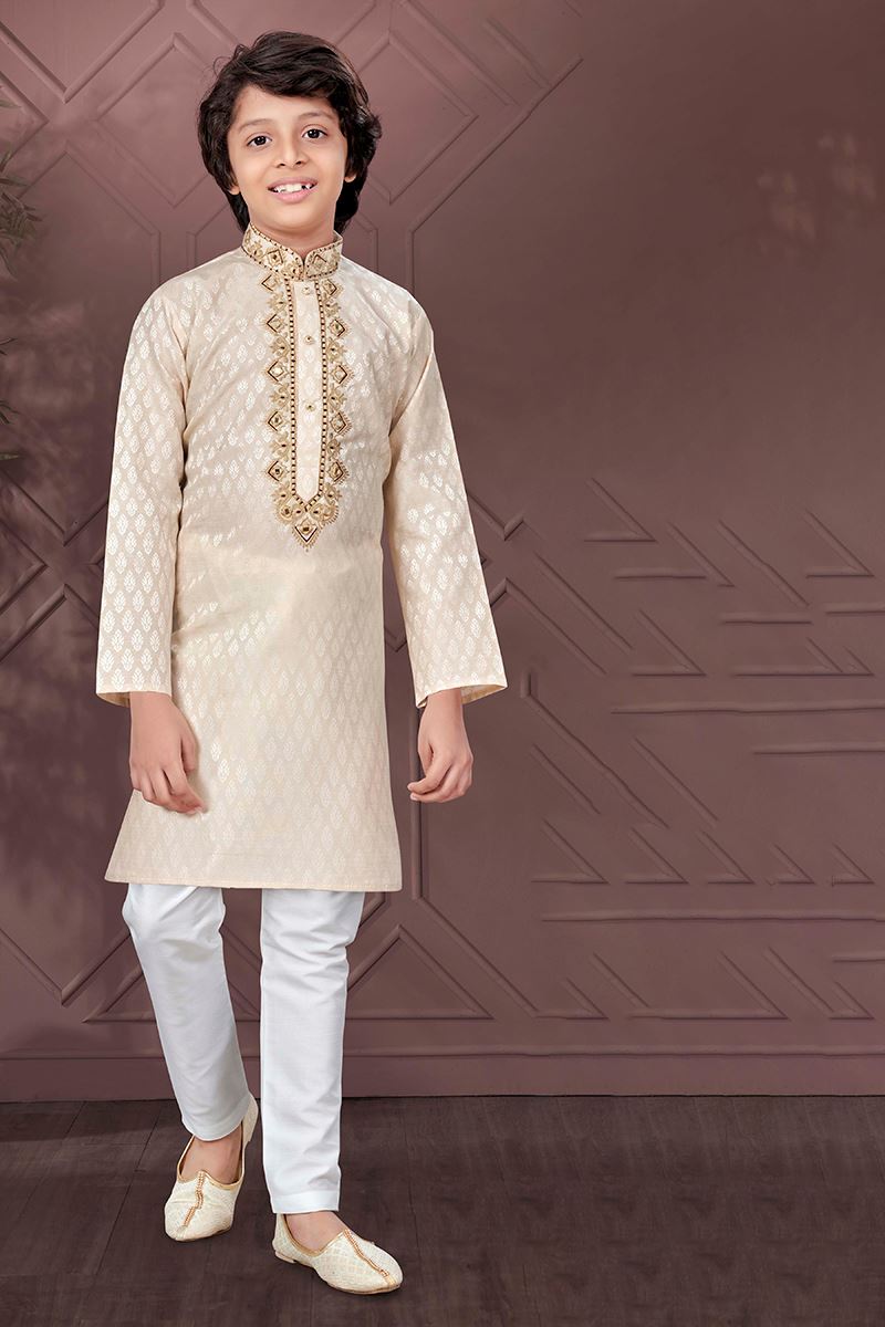 Charismatic Light Gold Colored Designer Kid’s Kurta Pajama Set for Festivals, Engagements, Reception, and Party