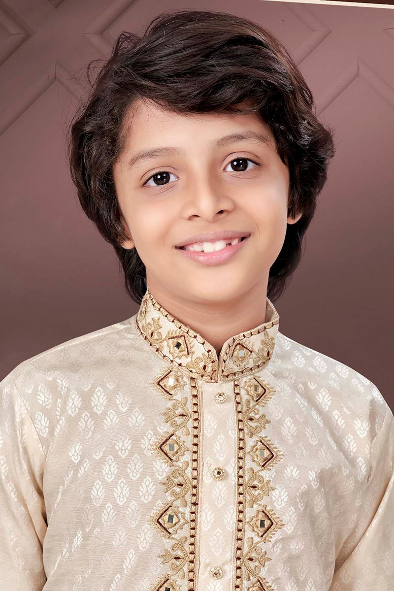 Charismatic Light Gold Colored Designer Kid’s Kurta Pajama Set for Festivals, Engagements, Reception, and Party