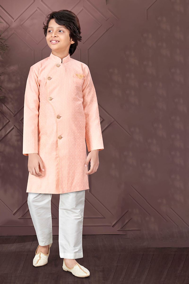 Classy Peach Colored Designer Kid’s Kurta Pajama Set for Festivals, Engagement, Reception, and Party