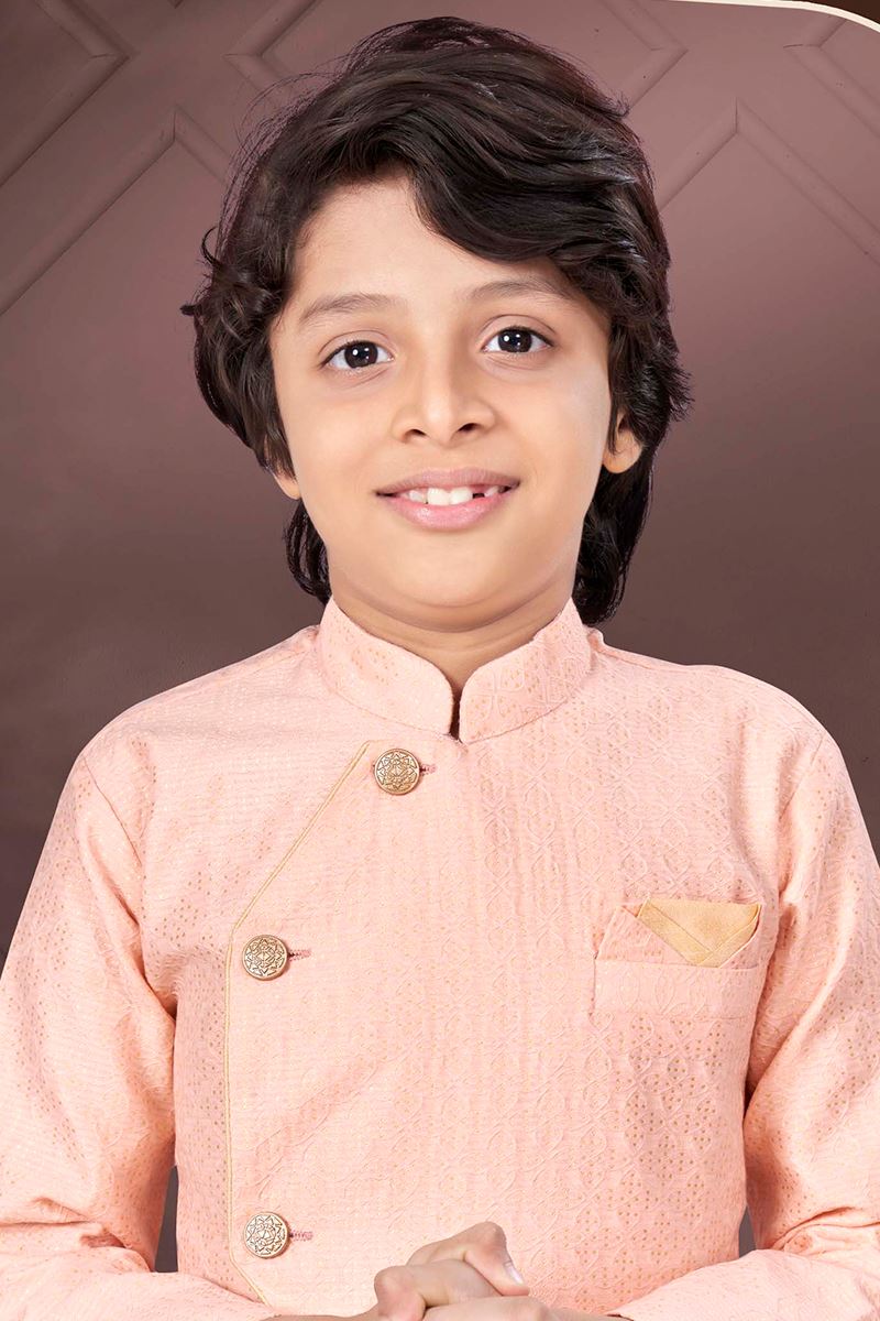 Classy Peach Colored Designer Kid’s Kurta Pajama Set for Festivals, Engagement, Reception, and Party