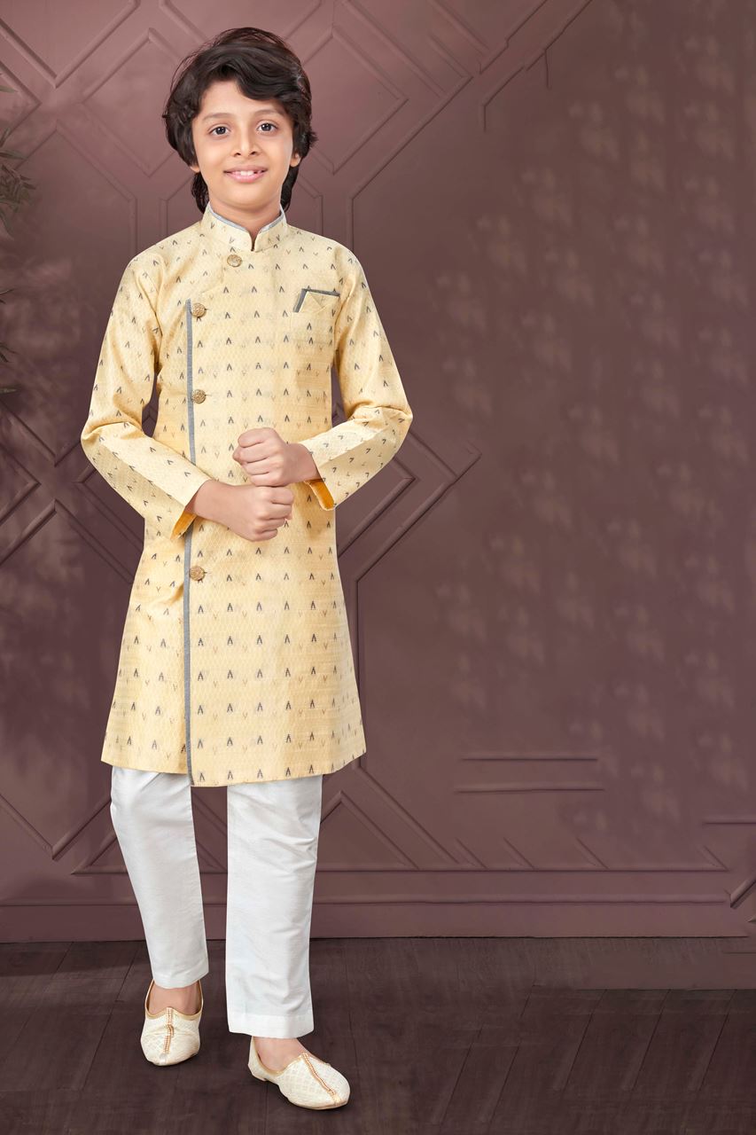 Exuberant Gold Colored Designer Kid’s Kurta Pajama Set for Festivals, Party