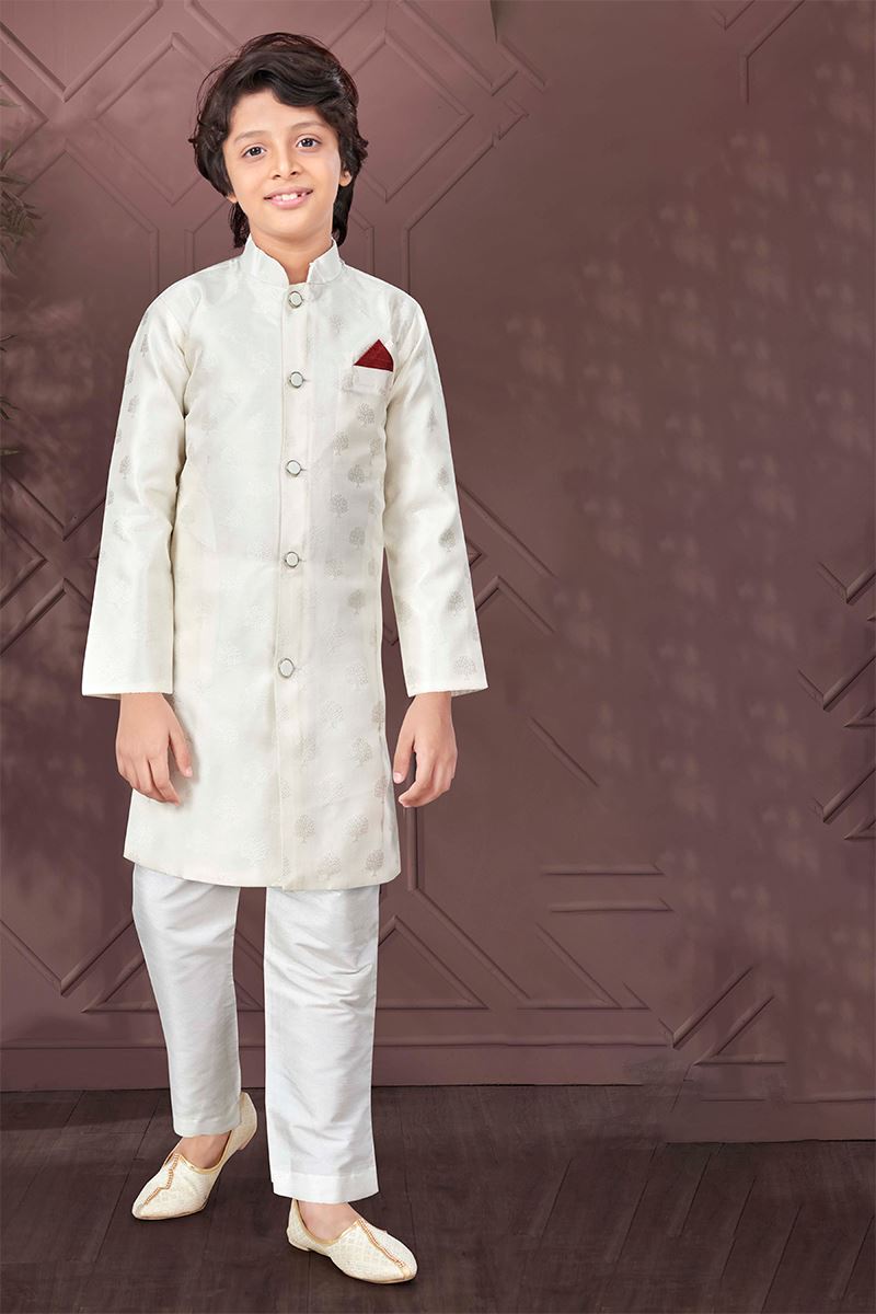 Charming Cream Colored Designer Kid’s Kurta Pajama Set for Festivals, Engagements, and Party