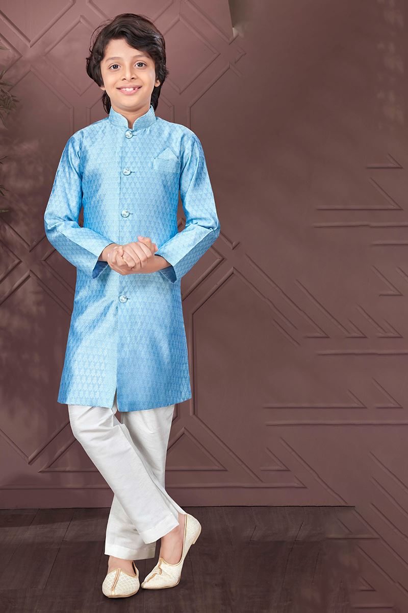 Exquisite Sky Blue Colored Designer Kid’s Kurta Pajama Set for Festivals, Engagements, Reception, and Party