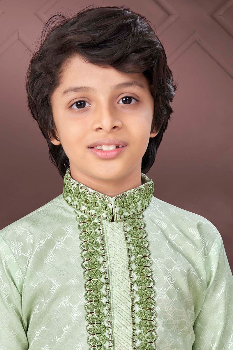 Vibrant Pista Colored Designer Kid’s Kurta Pajama Set for Festivals, Engagements, Reception, and Party