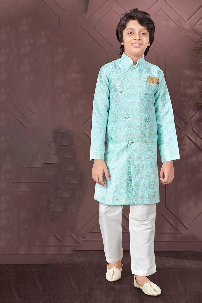 Aesthetic Light Firozi Colored Designer Kid’s Kurta Pajama Set for Festivals, Engagements, Reception, and Party
