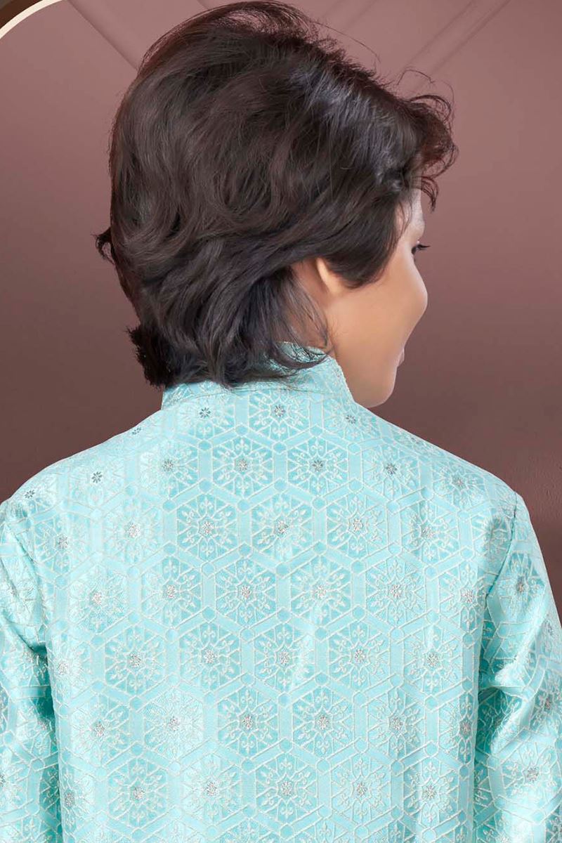 Aesthetic Light Firozi Colored Designer Kid’s Kurta Pajama Set for Festivals, Engagements, Reception, and Party