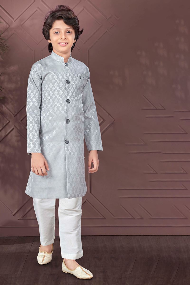Delightful Grey Colored Designer Kid’s Kurta Pajama Set for Festivals and Party