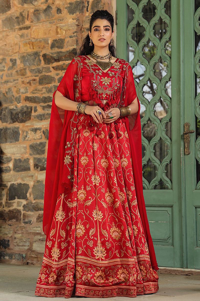 Spectacular Red Designer Indo-Western Lehenga Choli for Wedding and Reception