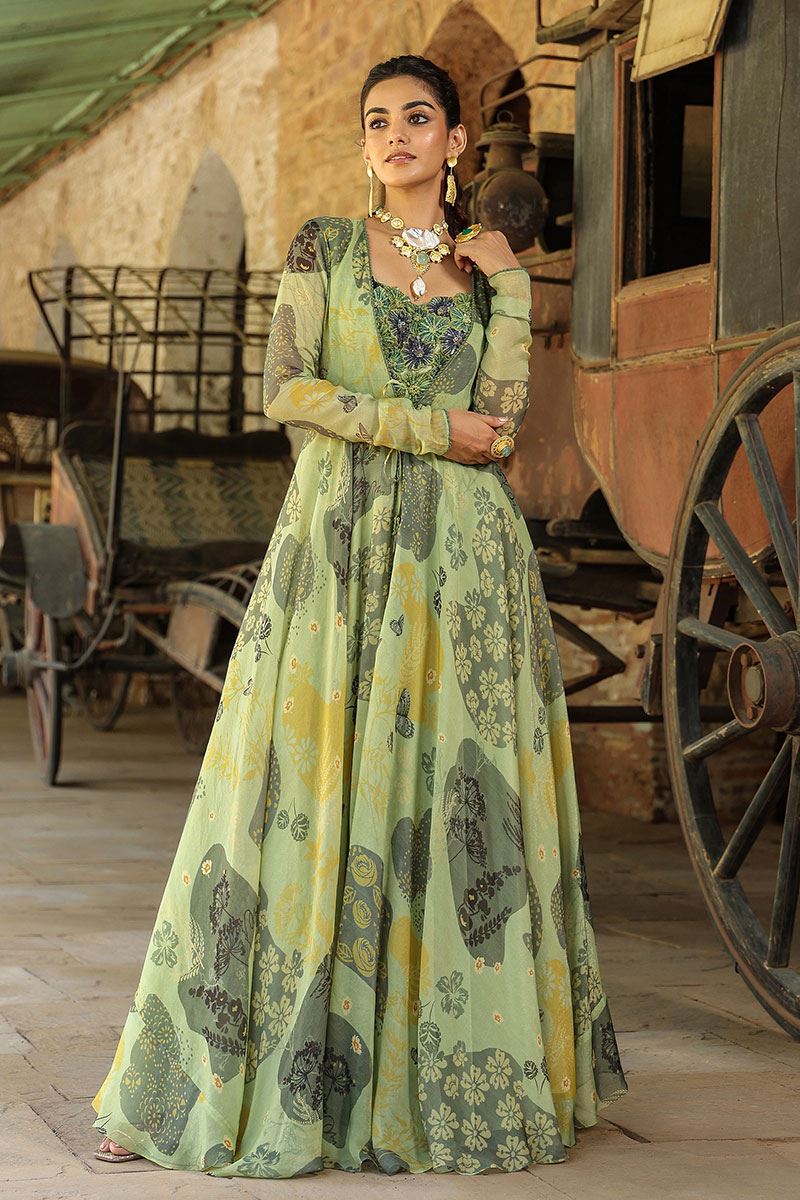 Bollywood Olive Green Designer Gown for Party, Mehendi, and Festivals