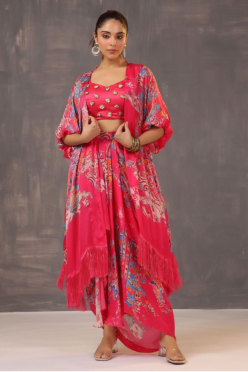 Smashing Pink Printed Designer Indo-Western Outfit with Cape for Party