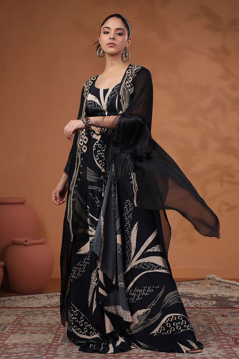 Splendid Black Designer Palazzo Suit with Cape for Party