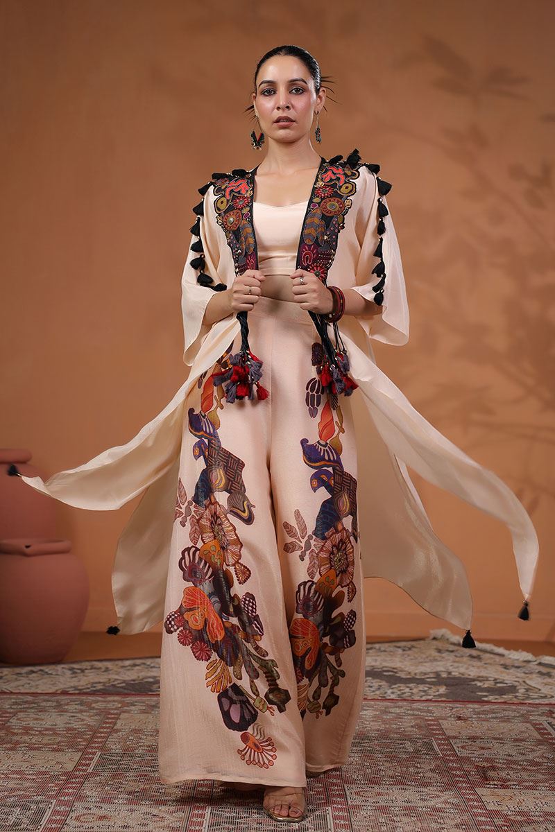 Fashionable Peach Designer Palazzo Suit with Fancy Jacket for Party and Sangeet