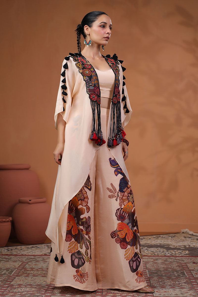 Fashionable Peach Designer Palazzo Suit with Fancy Jacket for Party and Sangeet