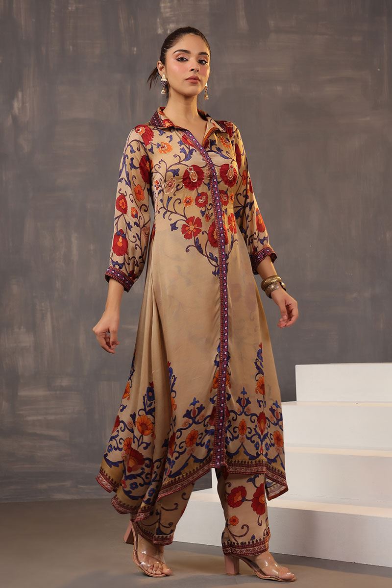 Breathtaking Beige Printed Designer Straight Cut Suit for Party and Festive wear