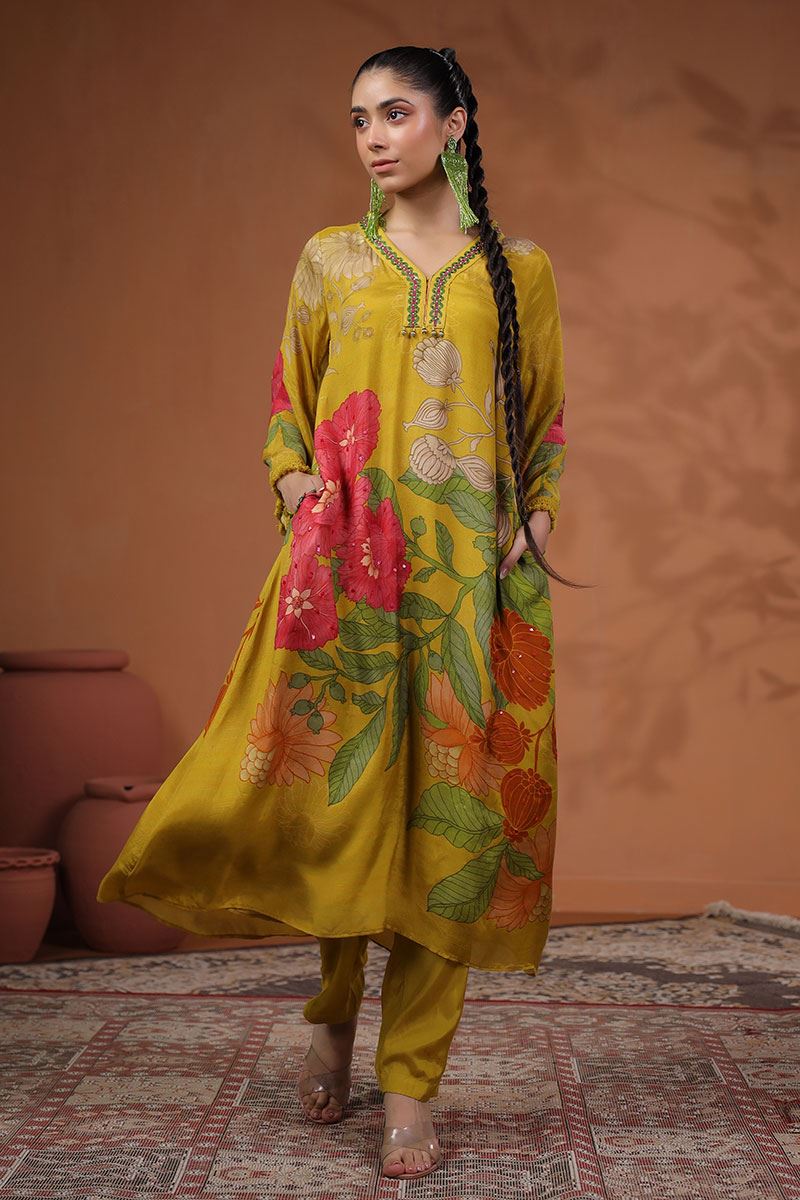Aesthetic Mustard Muslin Designer Straight Cut Suit for Party and Haldi
