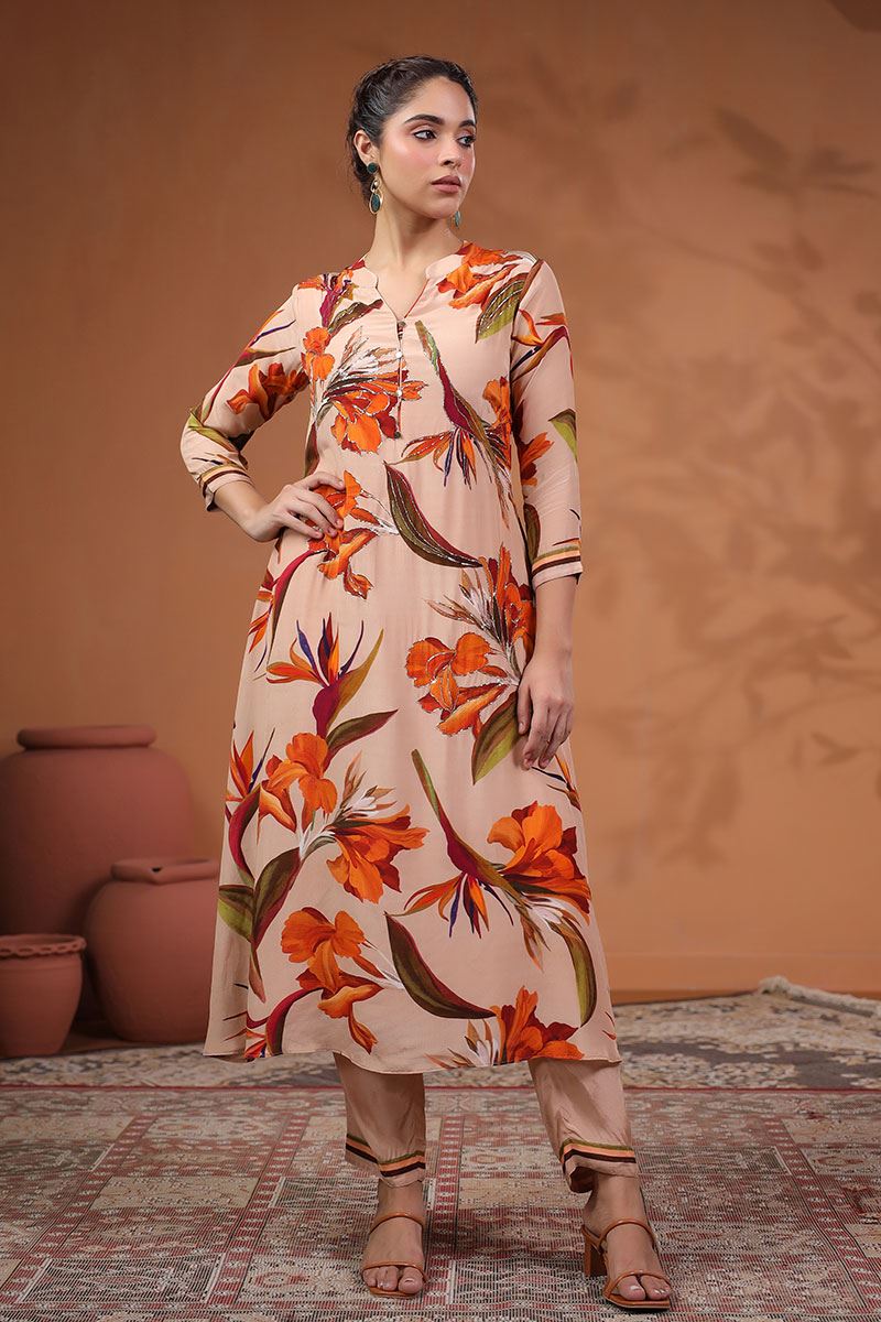 Enticing Peach Floral Printed Designer Straight Cut Suit for Party