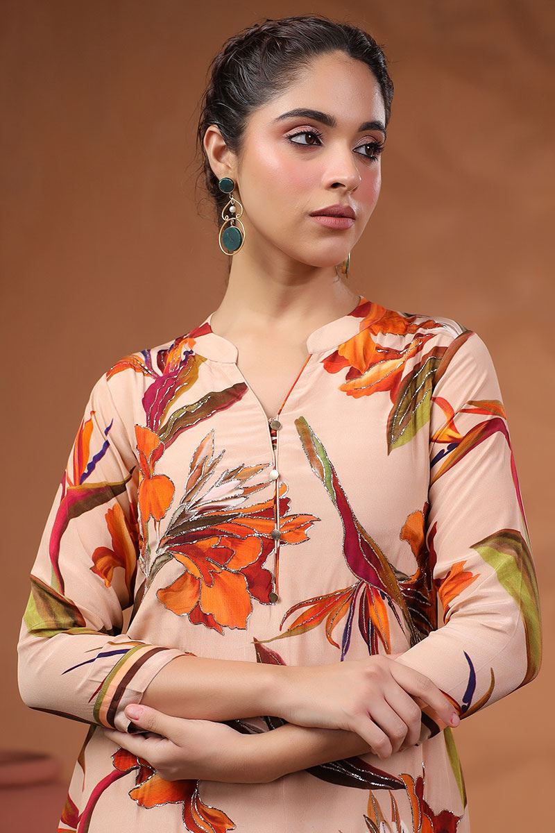 Enticing Peach Floral Printed Designer Straight Cut Suit for Party