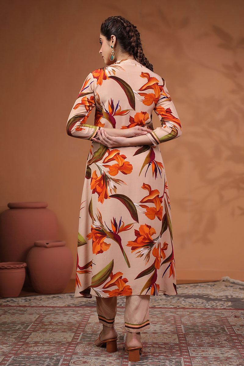 Enticing Peach Floral Printed Designer Straight Cut Suit for Party