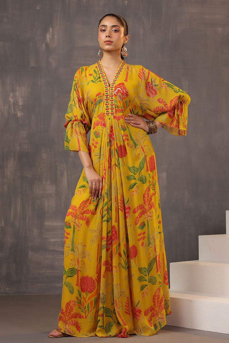 Fascinating Mustard Floral Printed Designer Gown for Party and Haldi