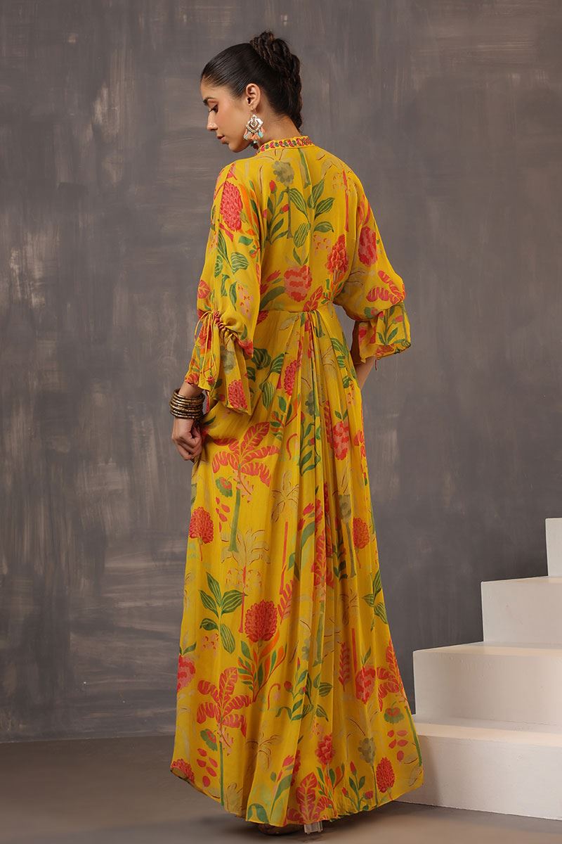 Fascinating Mustard Floral Printed Designer Gown for Party and Haldi
