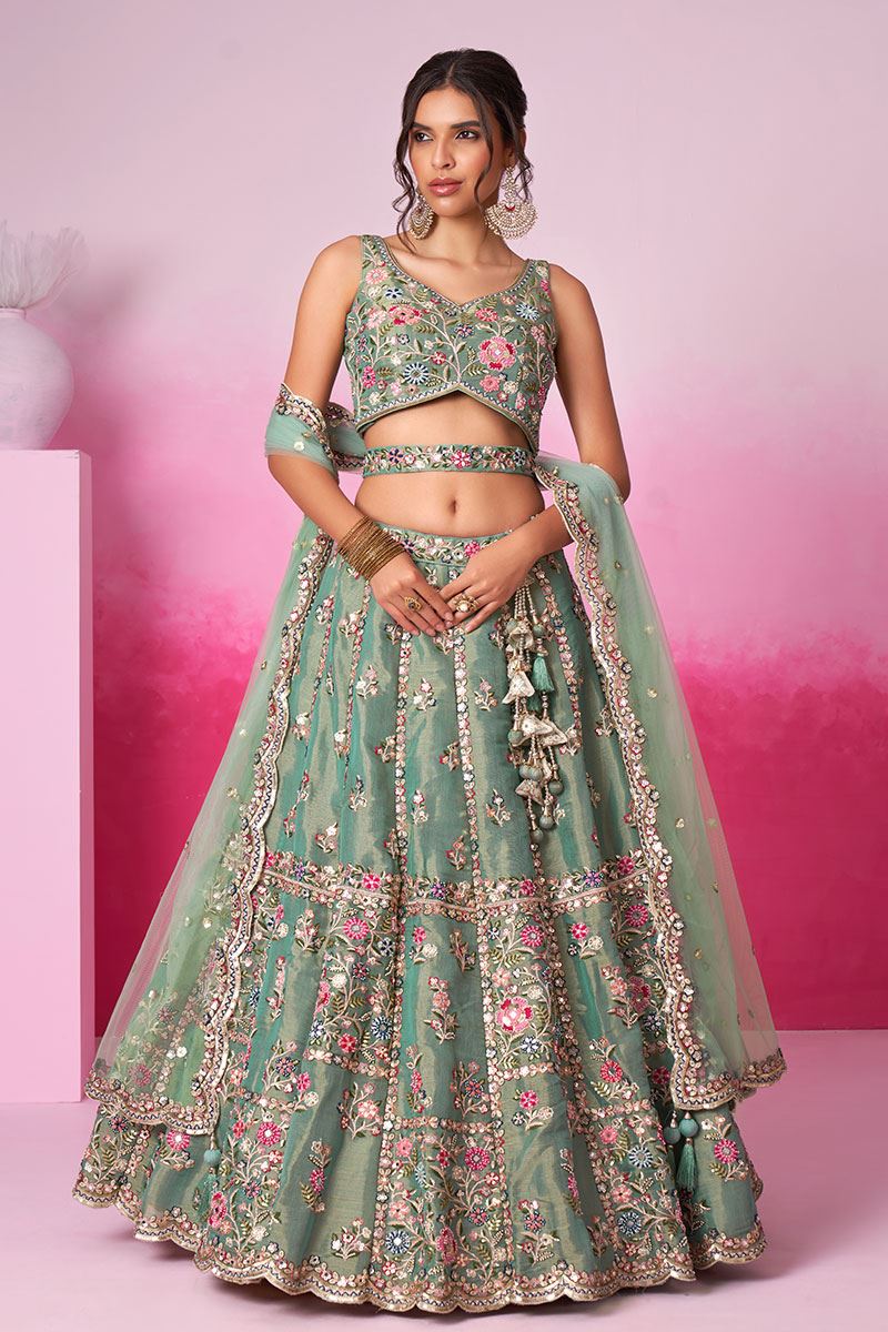 Outstanding Sea Green Designer Indo-Western Lehenga Choli for Reception and Engagement