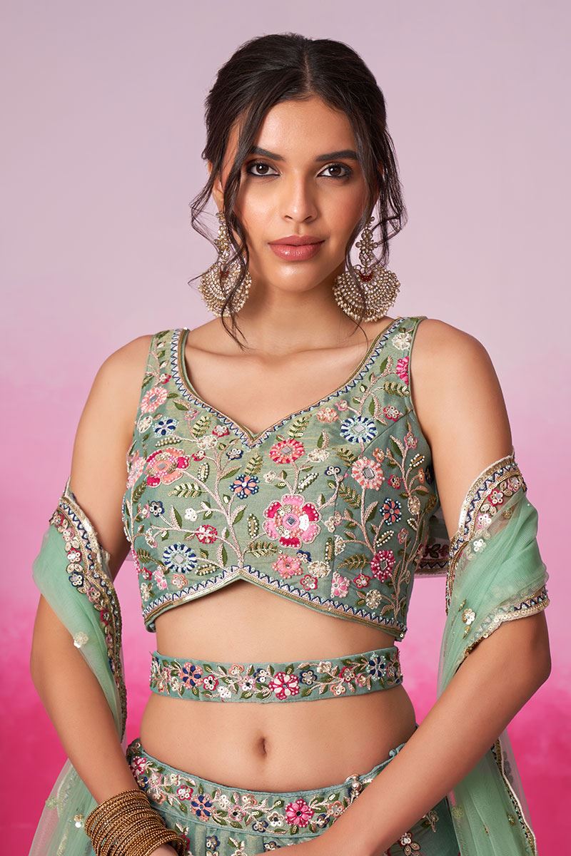 Outstanding Sea Green Designer Indo-Western Lehenga Choli for Reception and Engagement