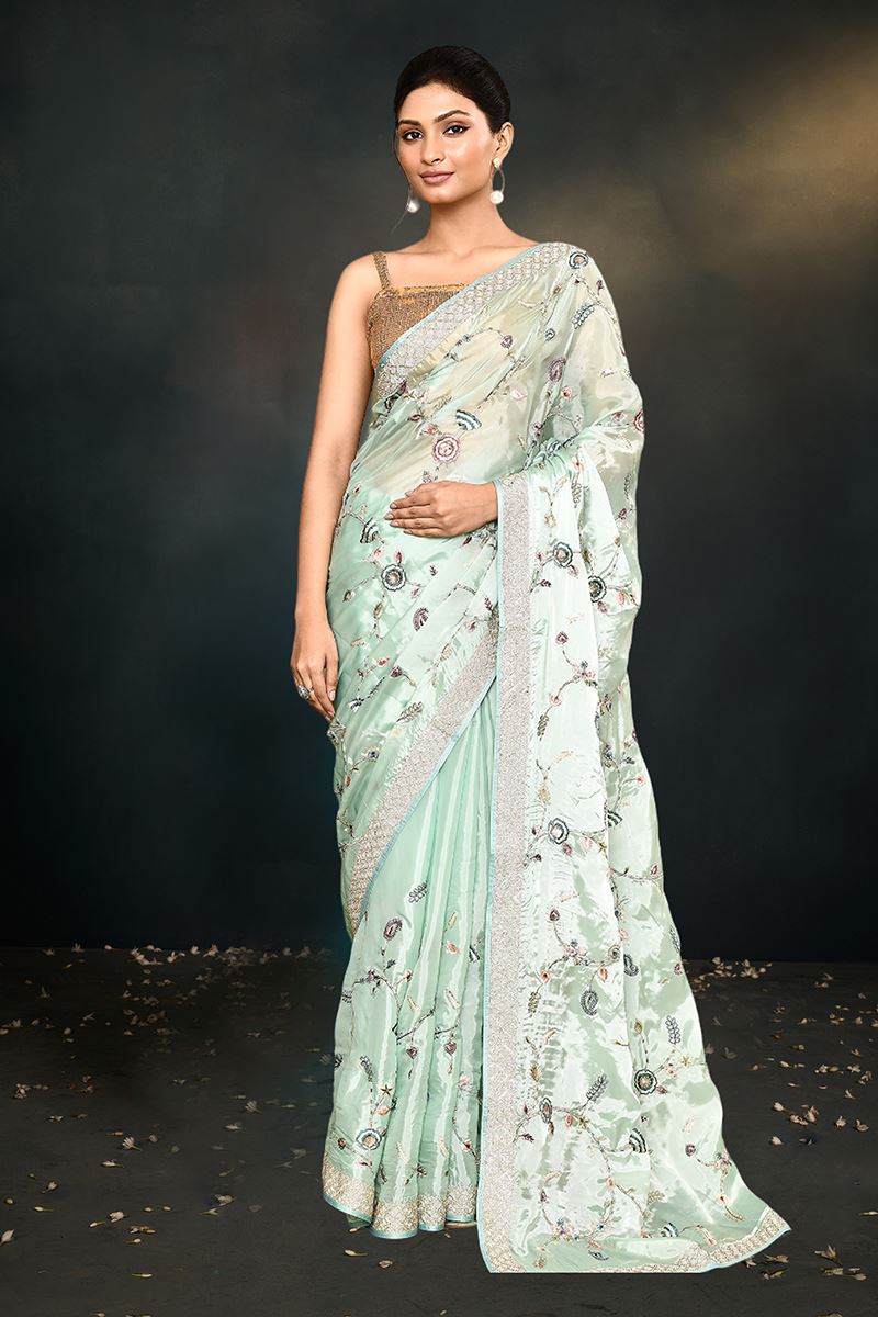 Captivating Green Satin Silk Designer Saree for Engagement and Reception