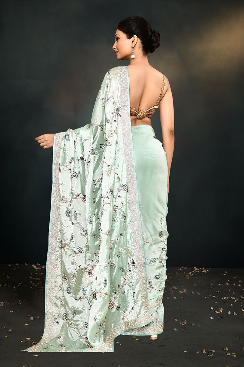 Captivating Green Satin Silk Designer Saree for Engagement and Reception
