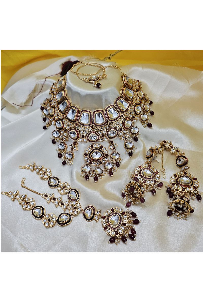 Delightful Maroon Designer Bridal Necklace Set for Wedding and Reception