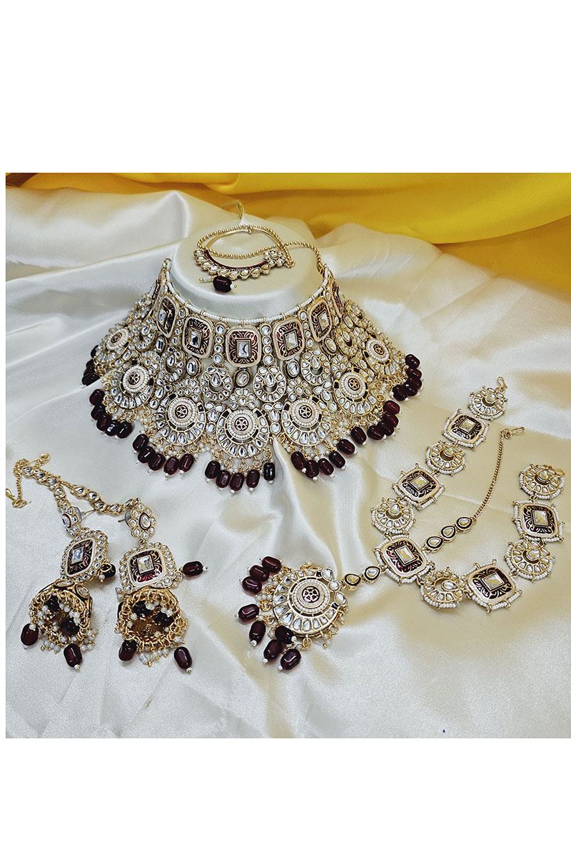 Marvelous Maroon Designer Bridal Necklace Set for Wedding and Reception
