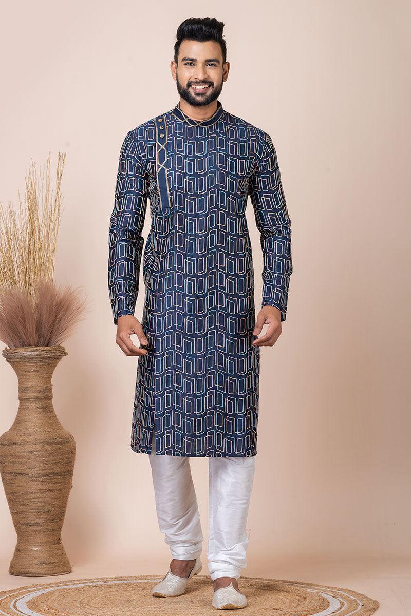 Artistic Navy Blue Indo-Western Designer Kurta Pyjama Set for Party
